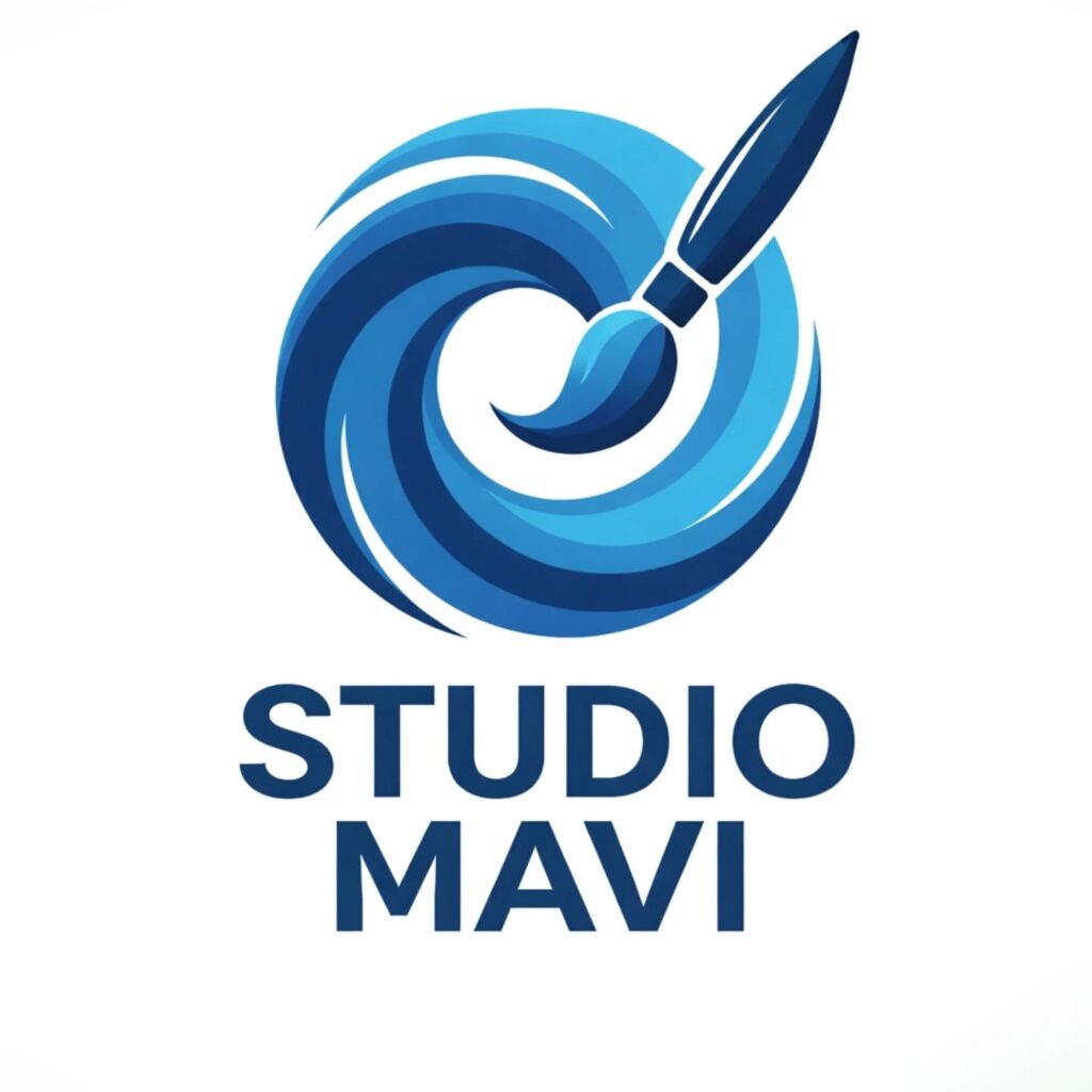 Logo of Studio Mavi with a blue paintbrush and circular design.